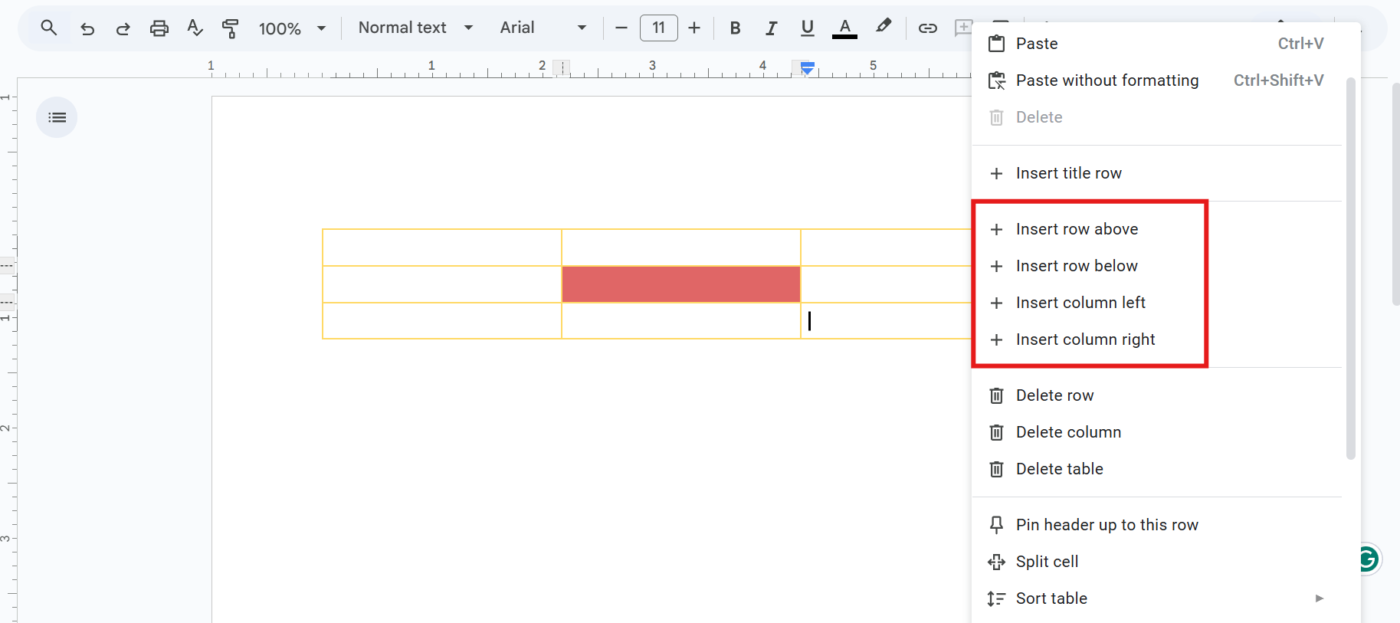 انقر بزر الماوس الأيمن فوق خلية لإضافة أعمدة أو صفوف_كيفية إنشاء منظم رسومي في Google Docs