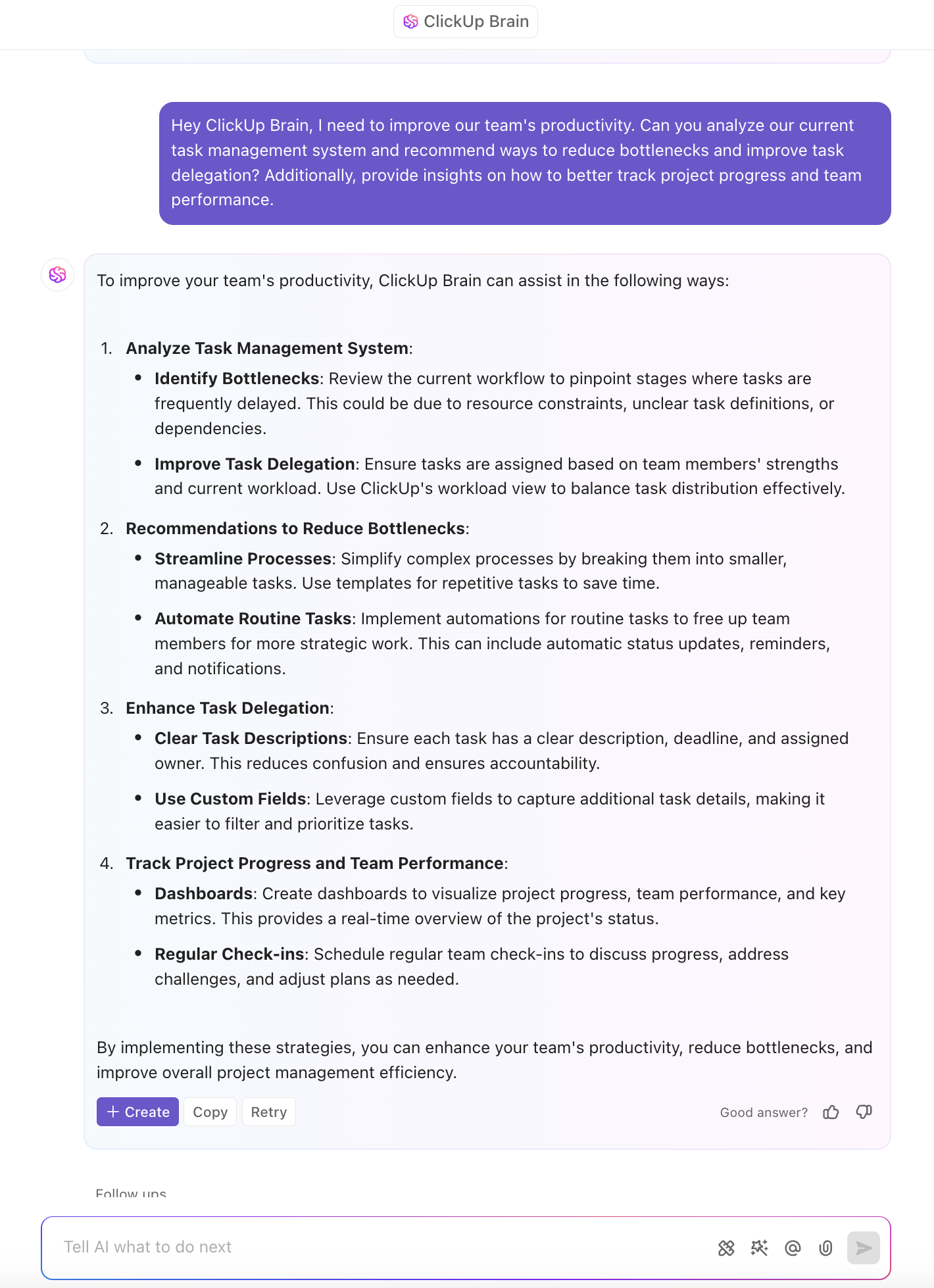 ClickUp Brain as an AI agent for project management