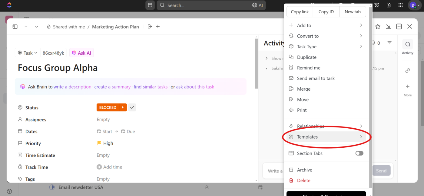 Select Templates from the dropdown menu