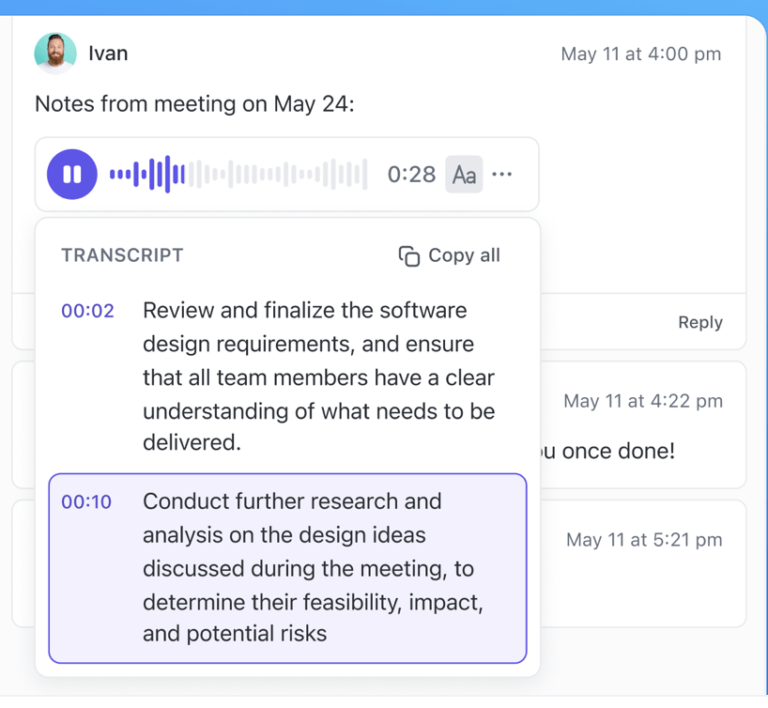 Transcribe voice clips : how to use clickup ai