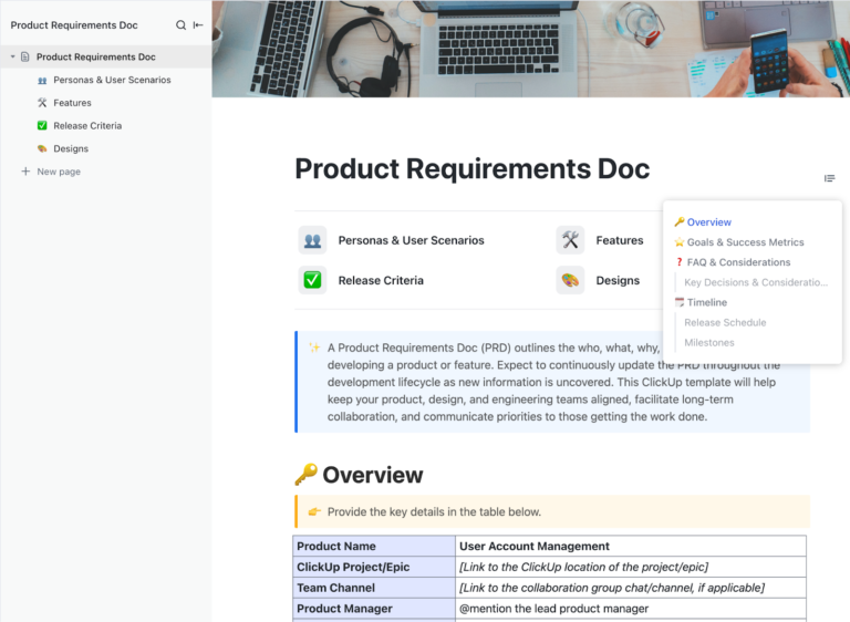 ClickUp Product Requirements Doc Template: Product Roadmap Templates