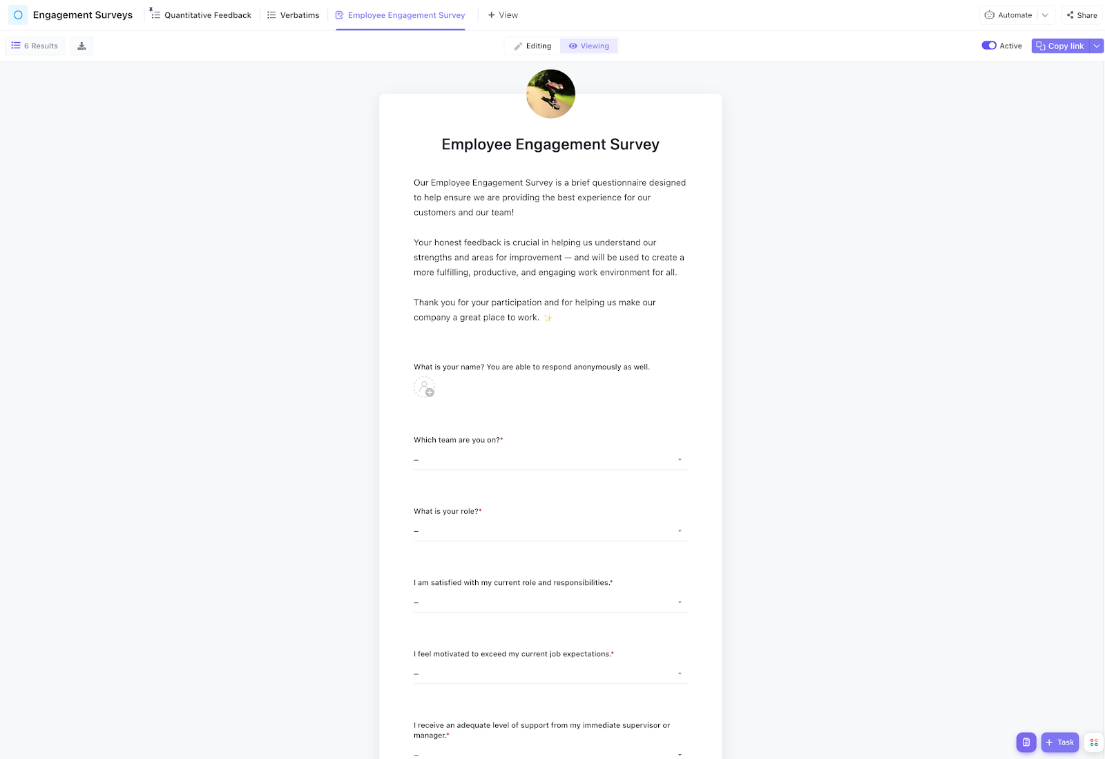 Anonymous Feedback Form Templates: ClickUp Employee Engagement Survey Template