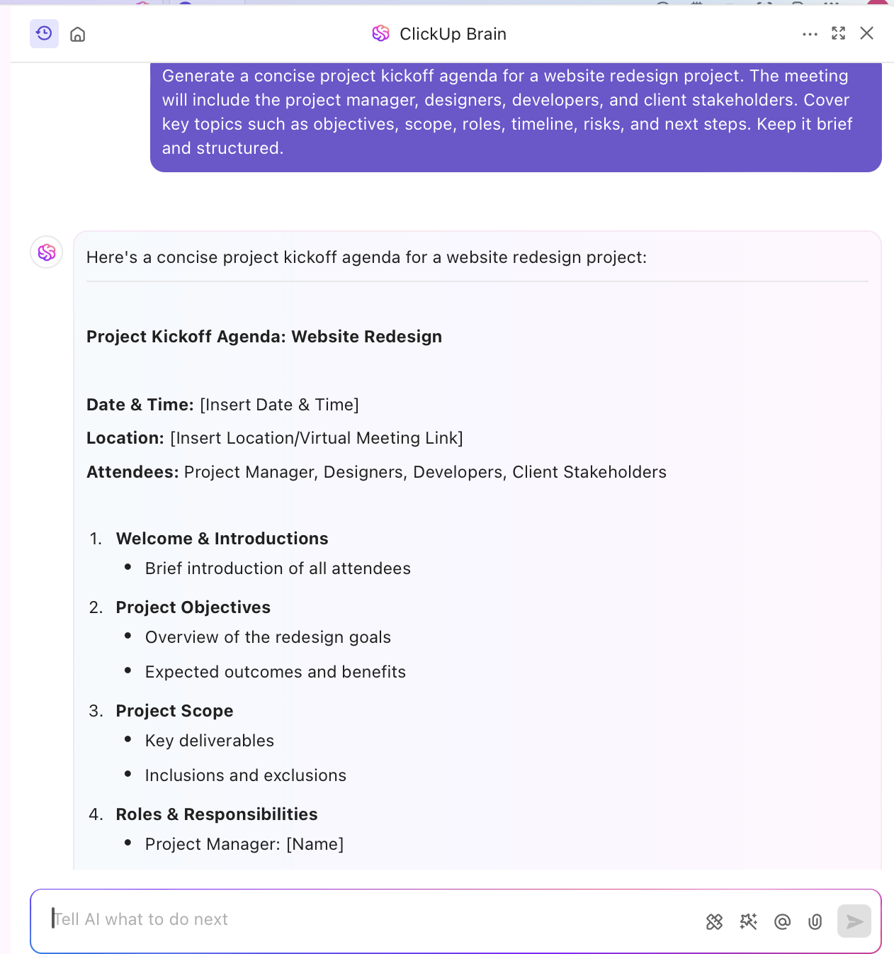 How to use AI for stakeholder kickoffs: Example of creating kickoff agenda with ClickUp Brain 