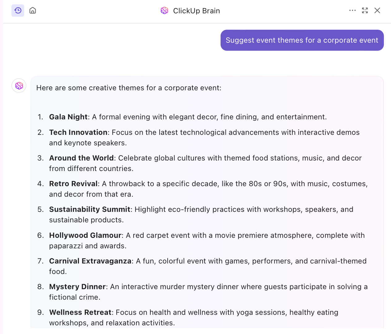 Funkcje oprogramowania do zarządzania wydarzeniami: Wypróbuj ClickUp Brain do natychmiastowego generowania unikalnych tematów wydarzeń