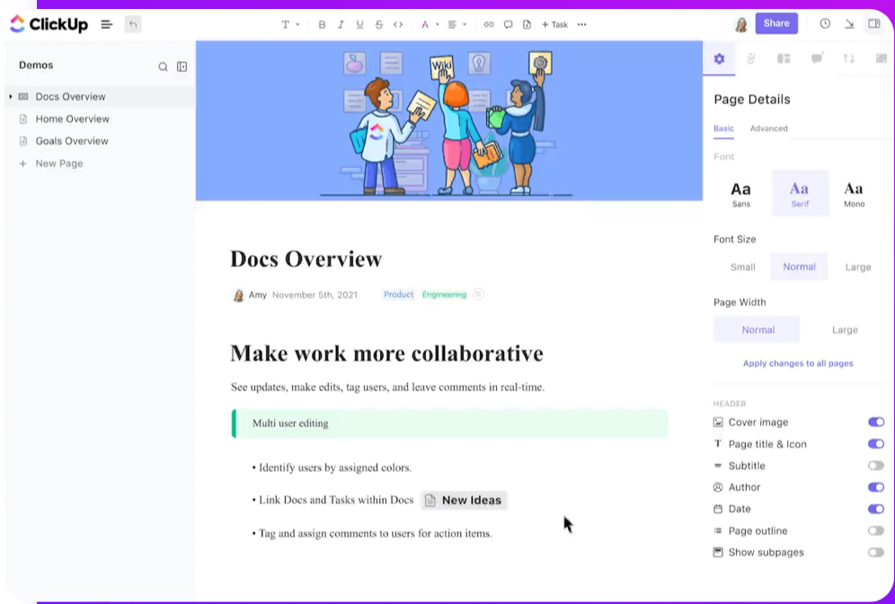 Use ClickUp Docs to store, share, and collaborate on meeting material 