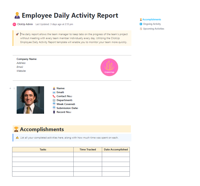 Behavior Report template : ClickUp Employee Daily Activity Report Template