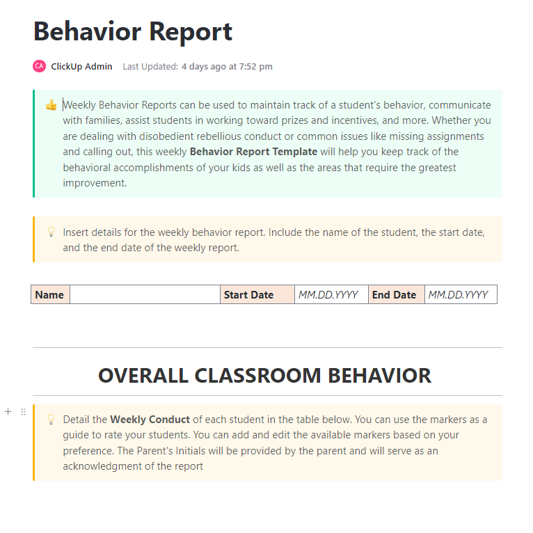 ClickUp Behavior Report Template