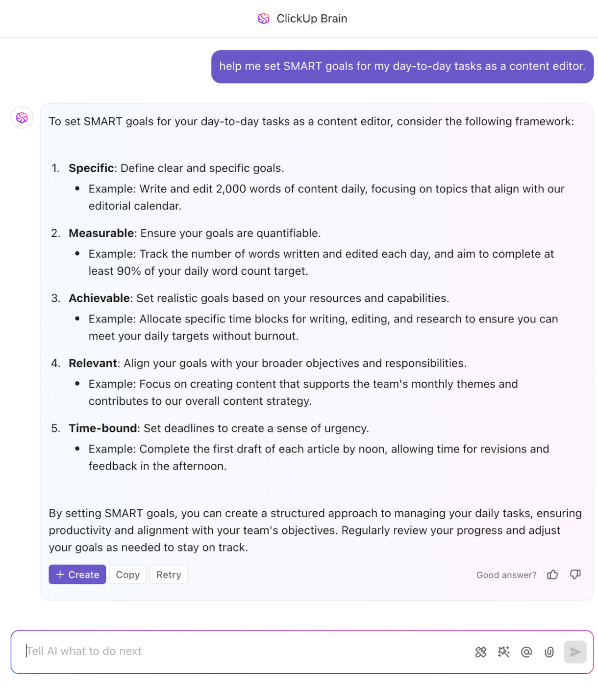 AI tool for Goal Setting : ClickUp Brain