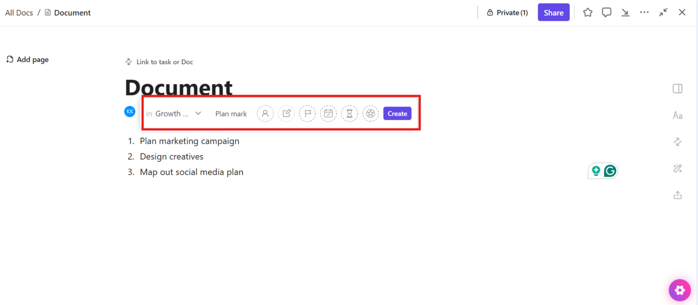 Adicione responsáveis, prazos e outros detalhes diretamente no ClickUp Docs para criar a tarefa