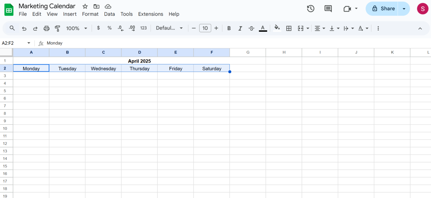 Create a weekly calendar template: Google sheets calendar