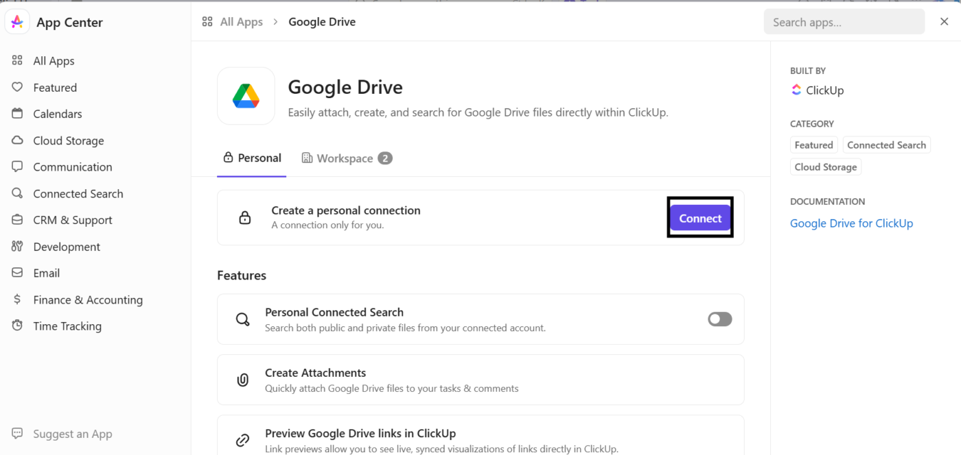 Clique em Conectar para vincular o Google Drive ao ClickUp Docs