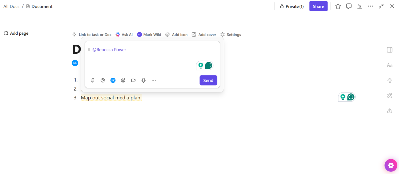 Clique no ícone “comentar” e atribua ações específicas com o ClickUp Assign Comments: como inserir o Excel no Word