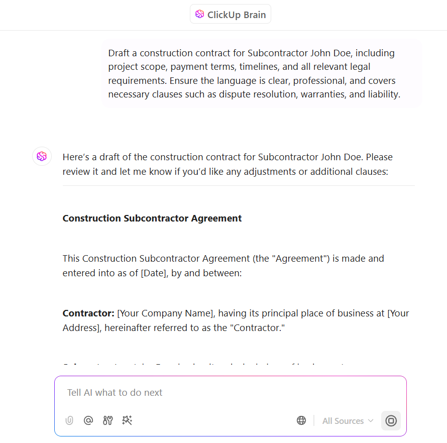 Let ClickUp Brain handle construction contract drafting: Generative AI in Construction