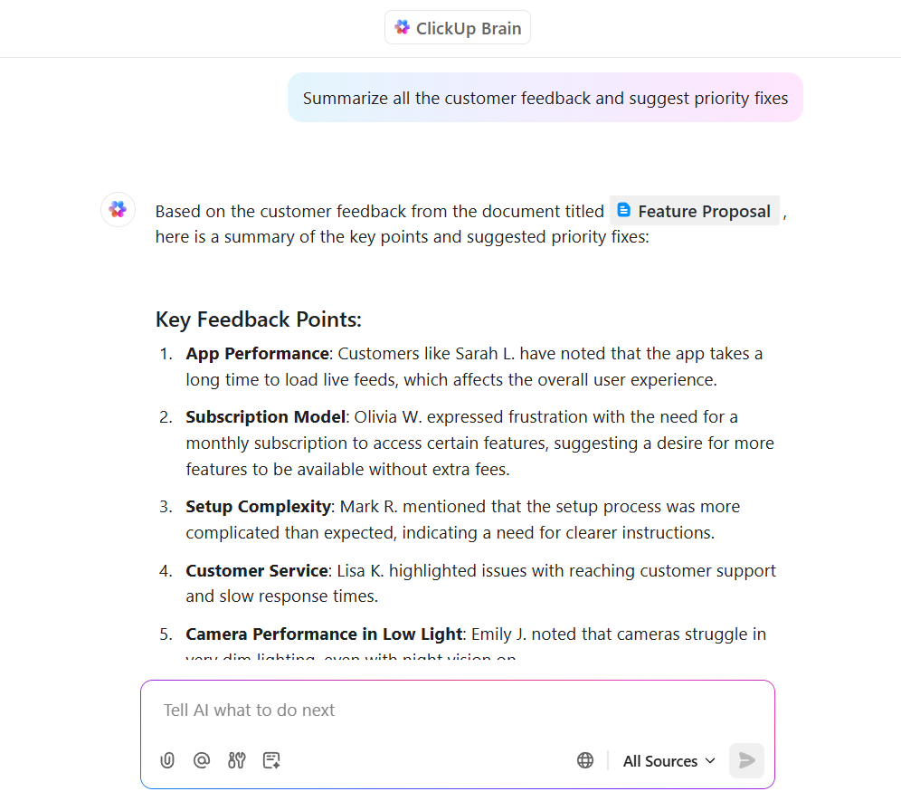 Search for relevant information in natural language using ClickUp Brain