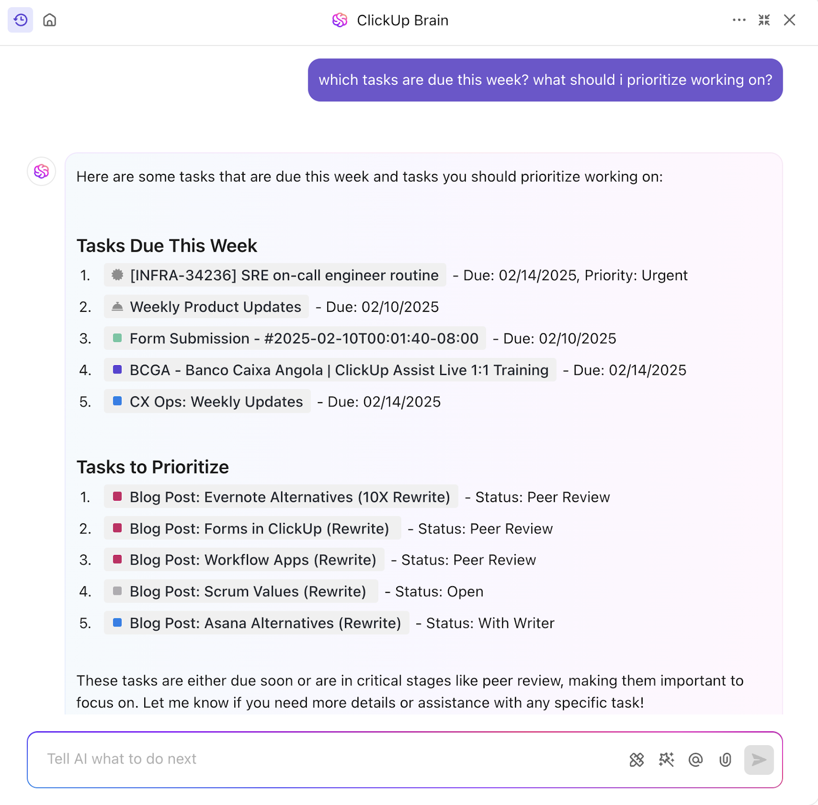ClickUp Brain for scheduling work