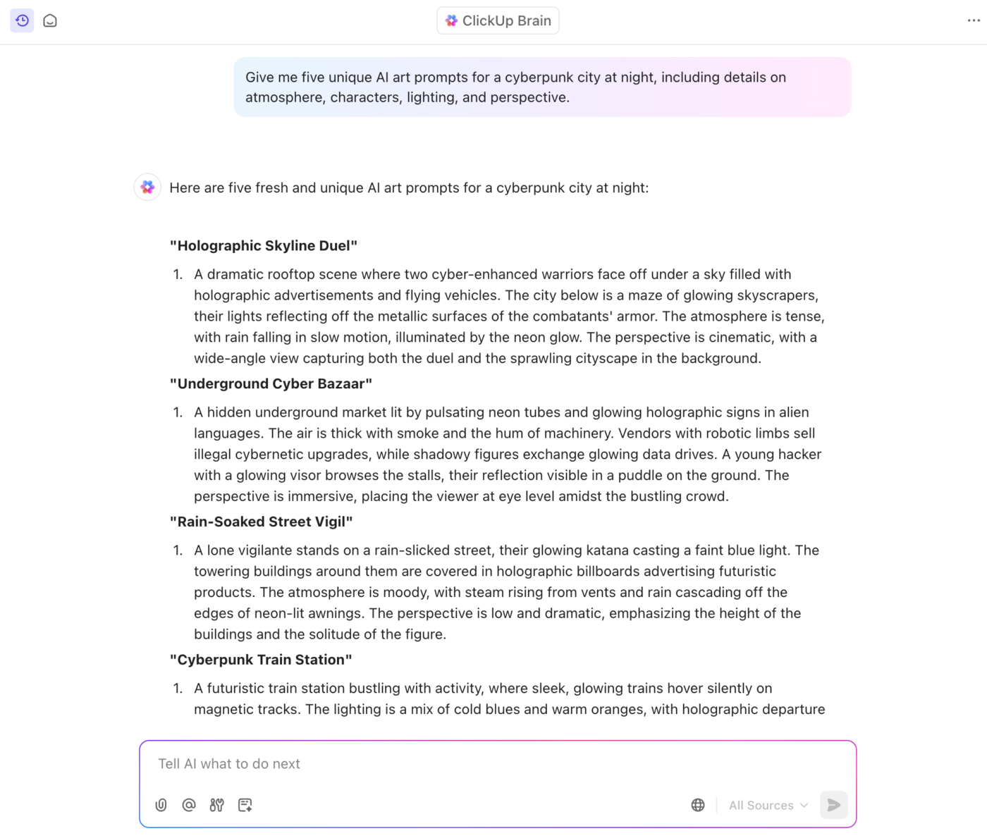 ClickUp Brain を使用して、デザインの発想に役立つ非常に詳細なアートプロンプトを生成しましょう。