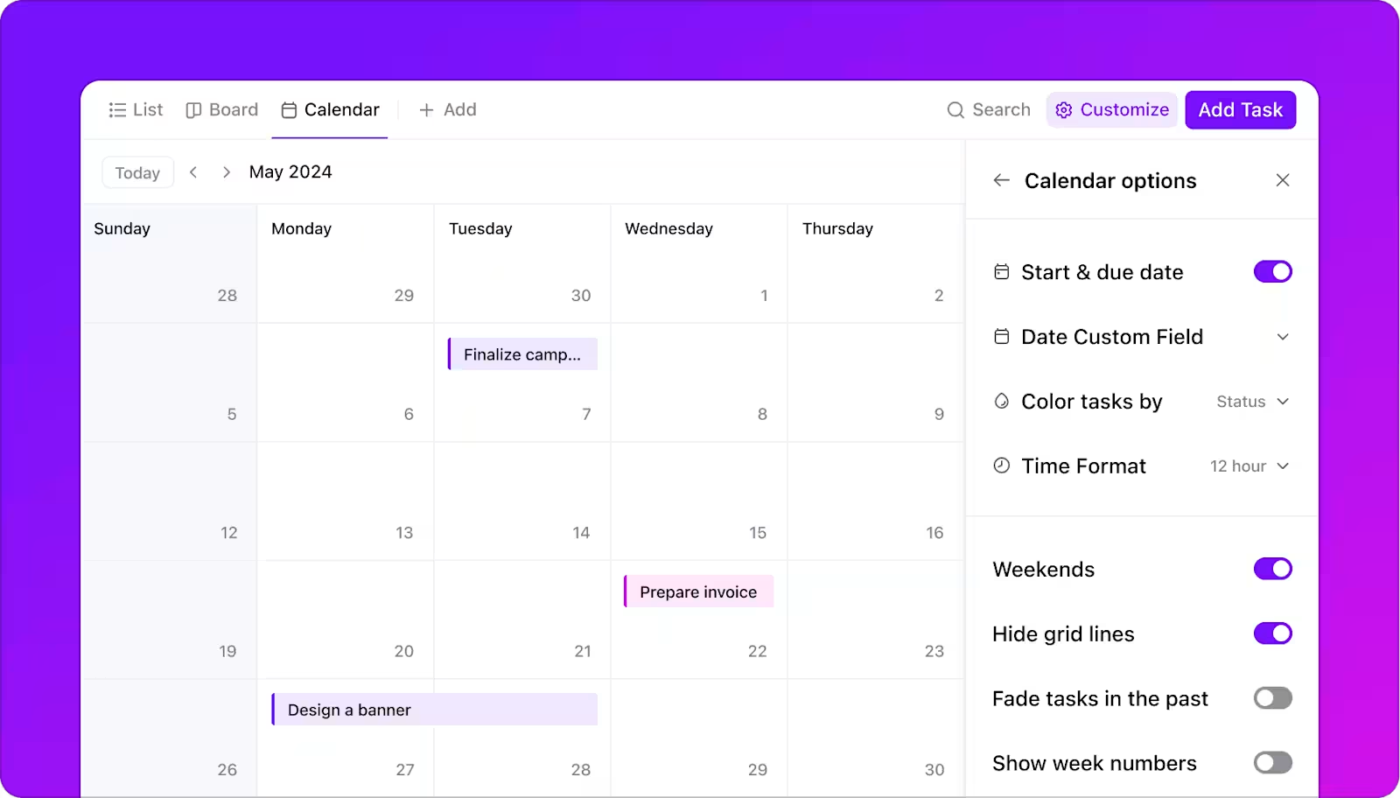 Adjust task timelines and balance workloads with the ClickUp Calendar View : Timehero Alternatives