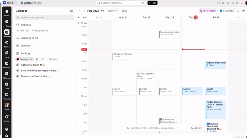 Collaborate instantly with task sharing and meeting scheduling in ClickUp Chat: Google sheets calendar