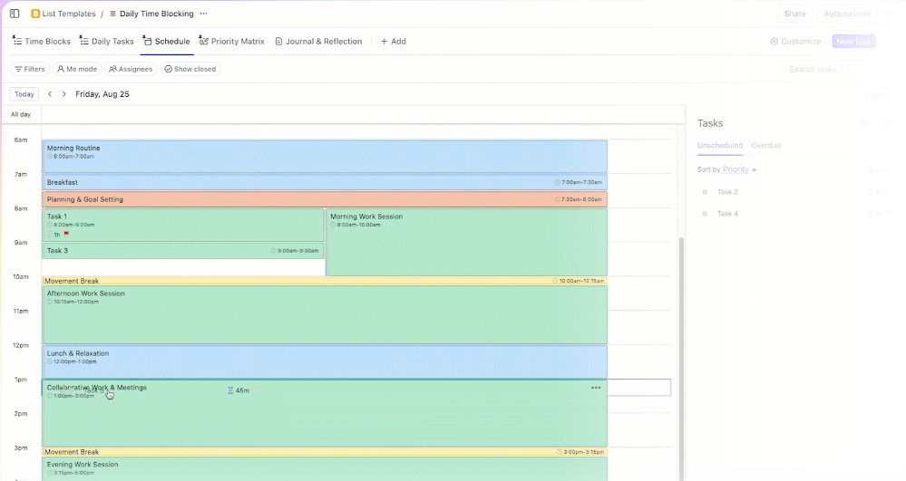 Take control of your day with ClickUp’s Daily Time Blocking Template