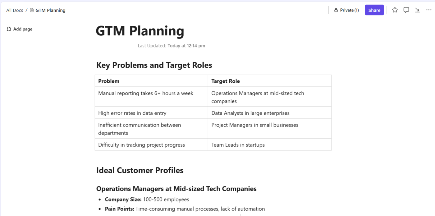 Create a table in ClickUp Docs to link product pain points directly to user roles and scenarios