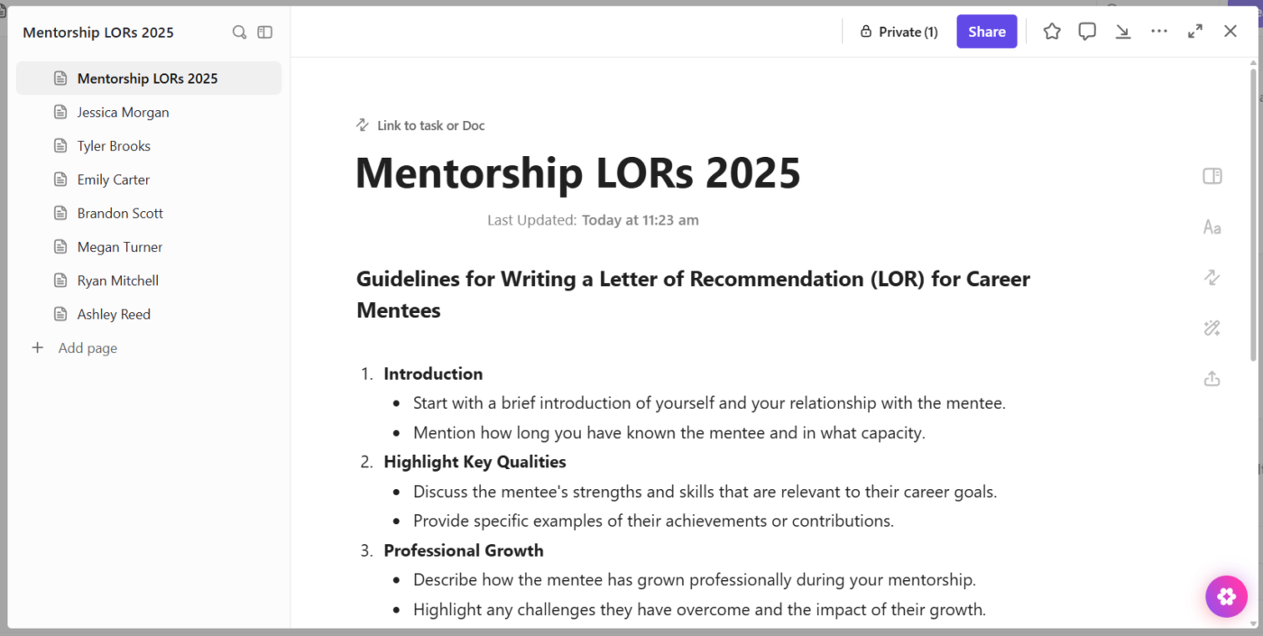 Create, organize, and customize recommendation letters with ClickUp Docs