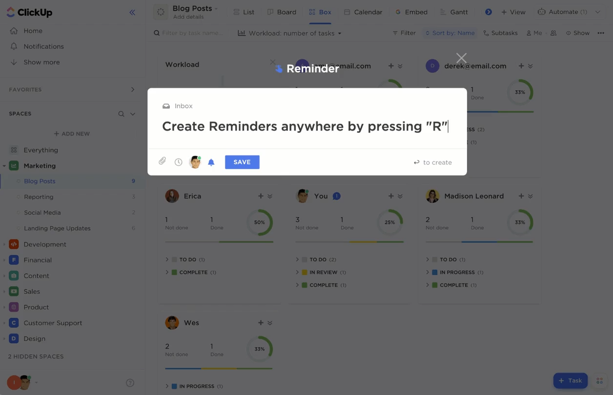 Lembretes ClickUp: simplifique o bloqueio de tempo para TDAH com lembretes automáticos
