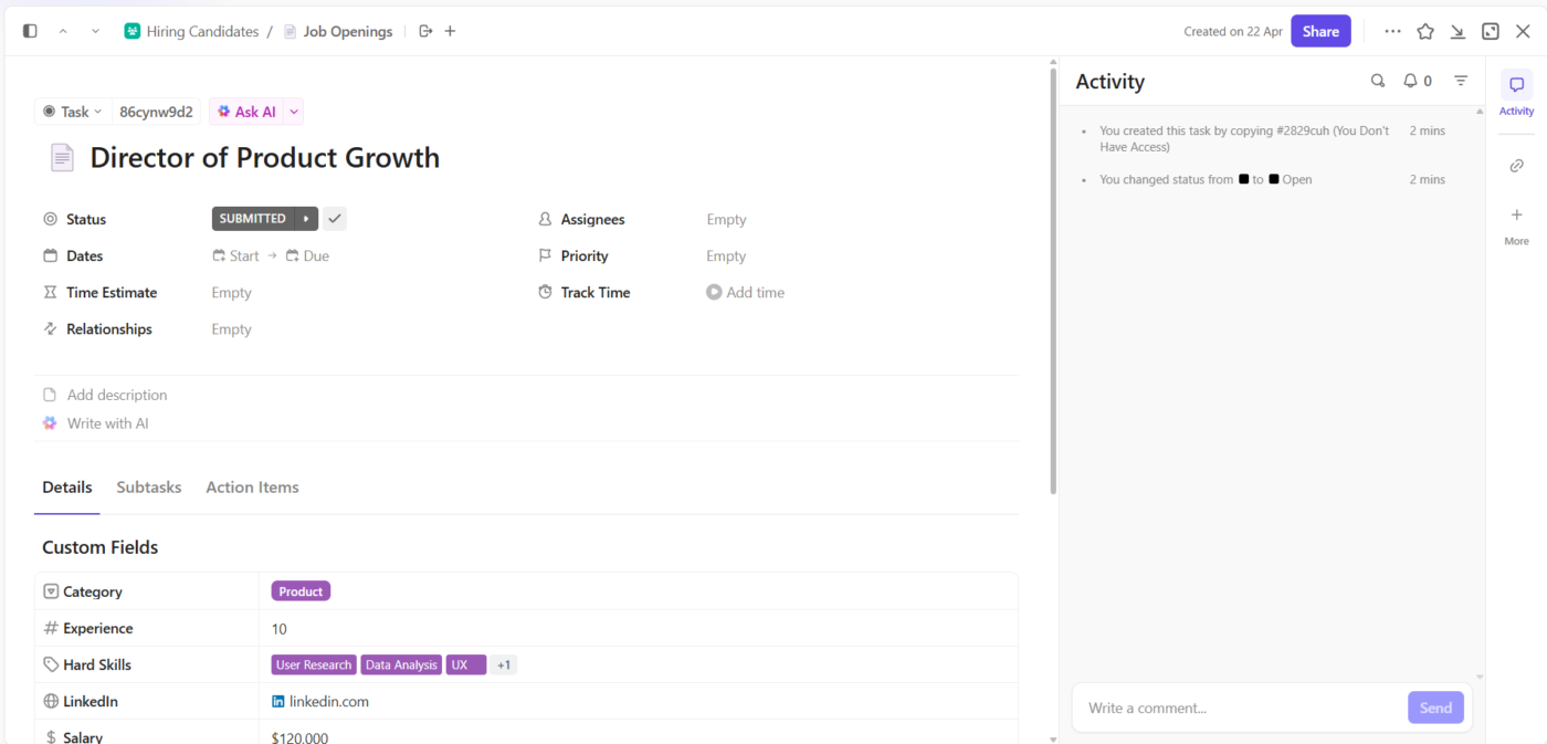 ClickUp: Best recruitment database software with task management