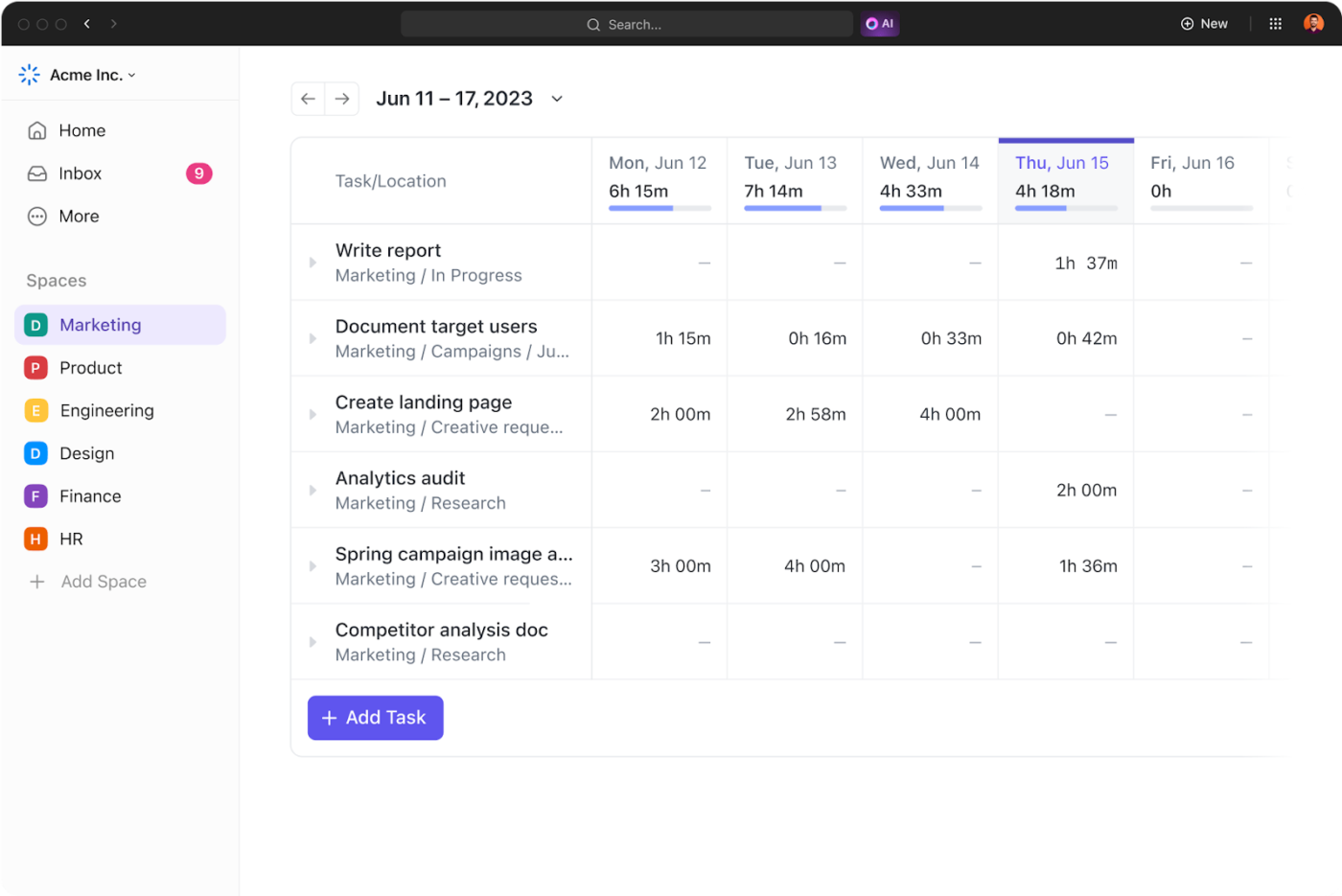 Theo dõi thời lượng nhiệm vụ bằng ClickUp Time Tracking