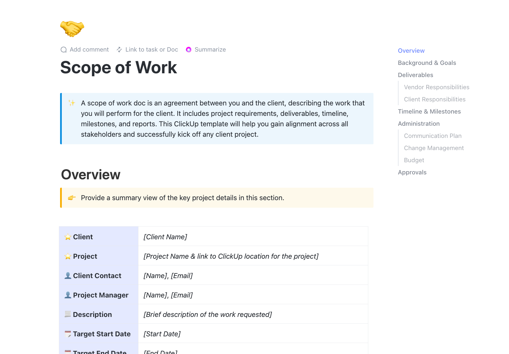 Plan and document the full scope of a statutory audit, including deliverables, responsibilities, timelines, and approvals with the ClickUp Statutory Audit Scope of Work Template