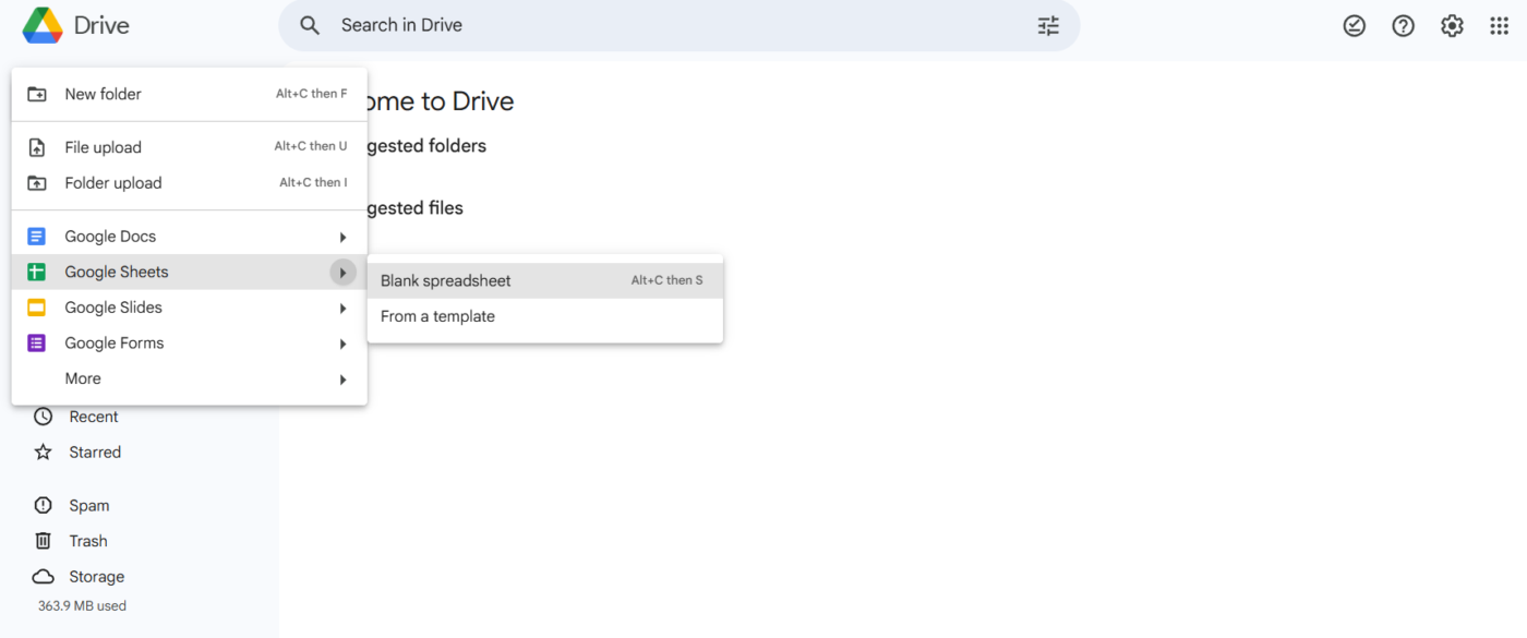 Create a new spreadsheet: Google sheets calendar