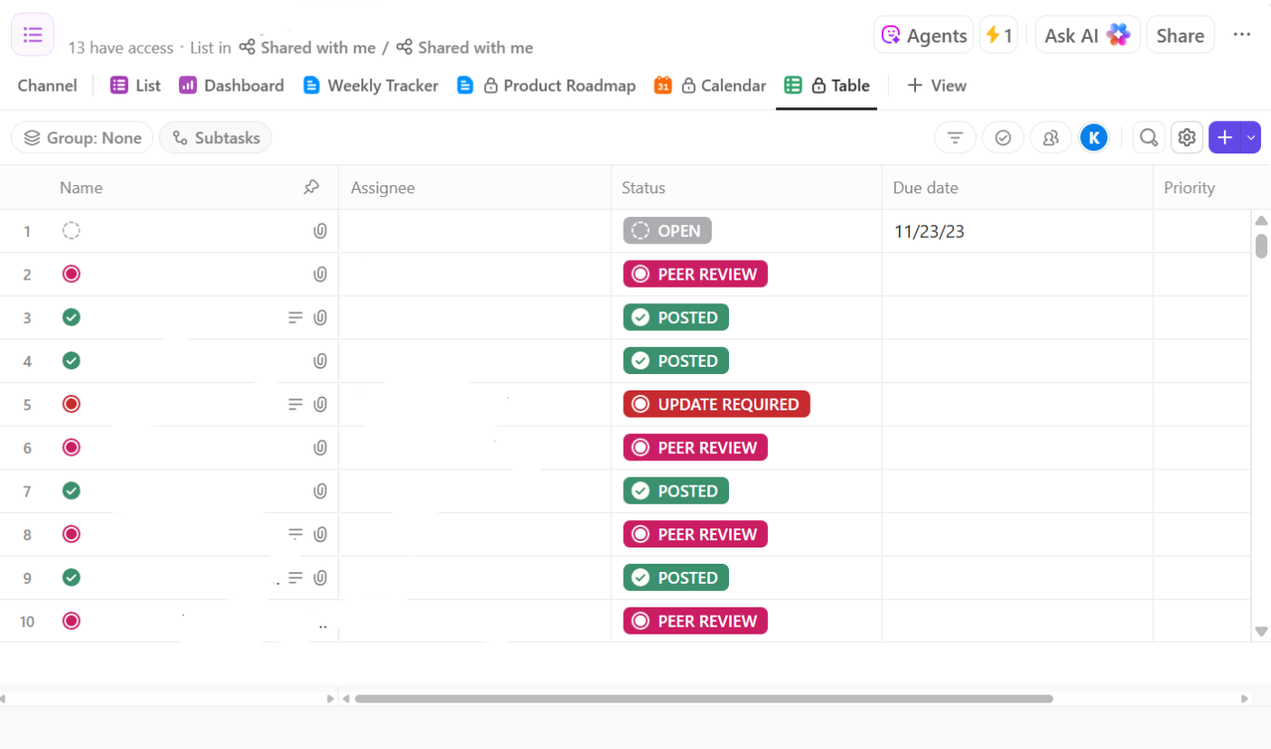 Crie uma versão tabular dos seus dados para organizá-los da maneira que desejar na Visualização de tabela do ClickUp: como inserir o Excel no Word