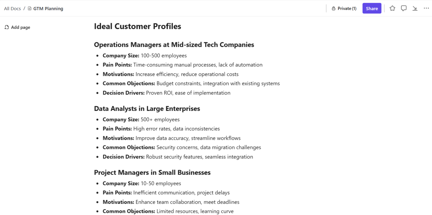 Detail your ICPs in ClickUp Docs to keep strategy and execution tightly aligned