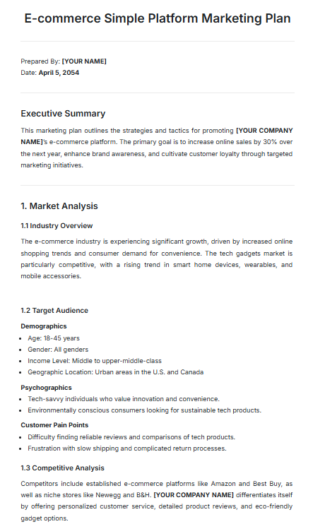 Modelo de plano de marketing simples para comércio eletrônico da Template.net