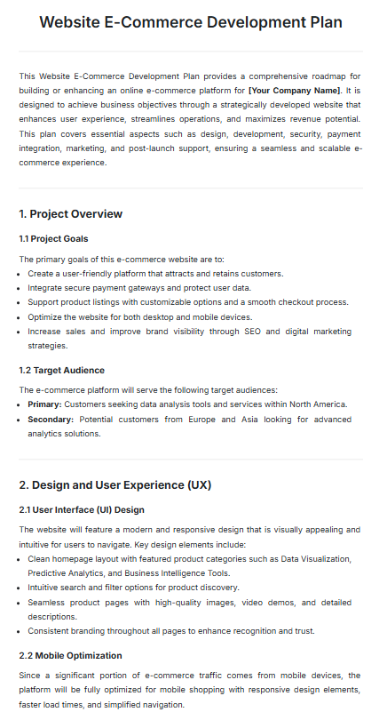 Modelo de plano de desenvolvimento de site de comércio eletrônico da Template.net
