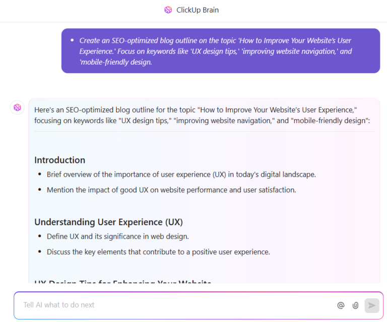 Generate blog outlines, competitor analysis, meta descriptions, and more with ClickUp Brain