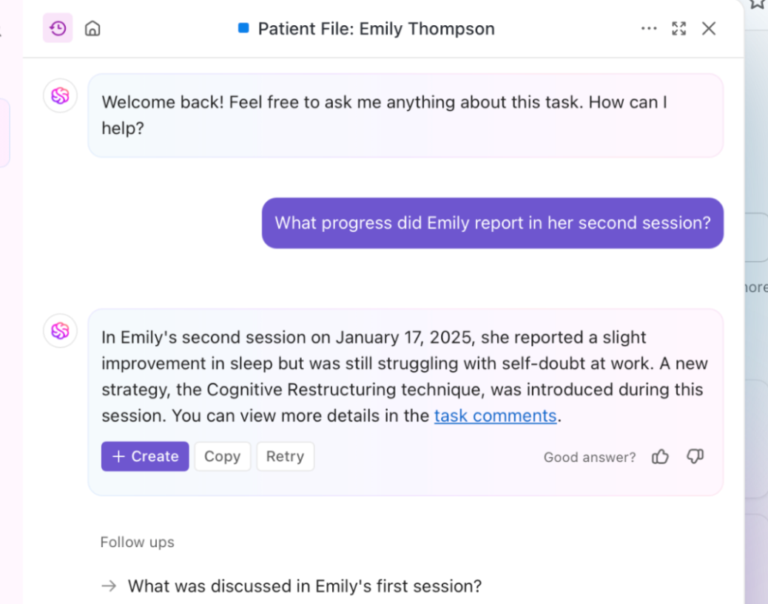 Get instant client details, summaries, and action items with ClickUp Brain for seamless therapy management : 10 Smart AI Tools for Therapists to Improve Client Outcomes in 2025