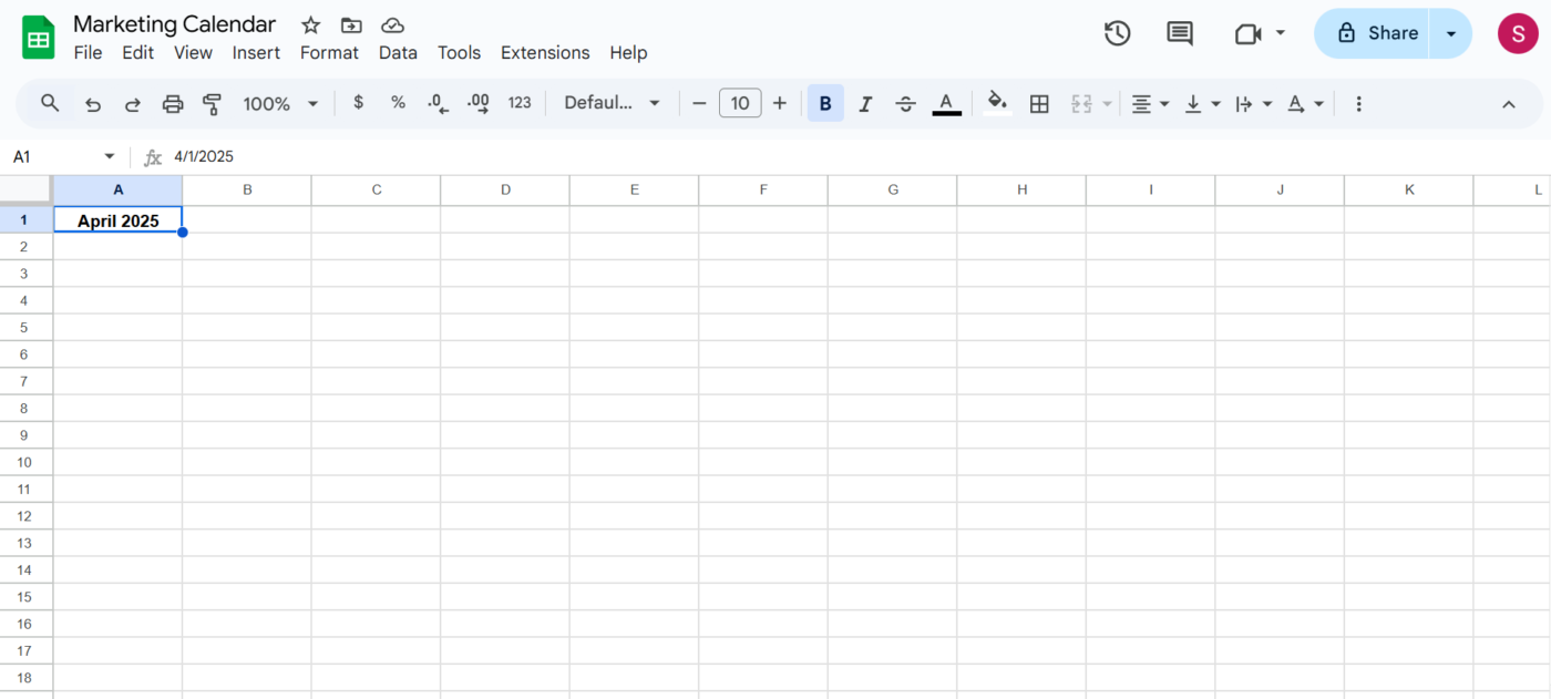 Input the month and year: Google sheets calendar