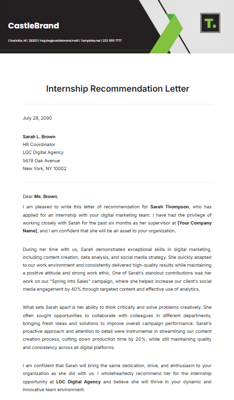 Internship Recommendation Letter Template by Template.net