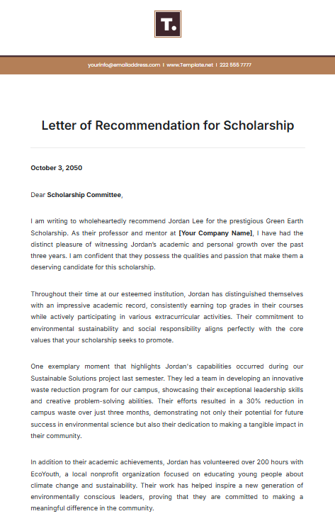 Letter of Recommendation for Scholarship Template by Template.net