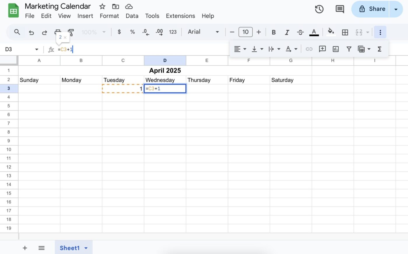Create the weekly schedule: Google sheets calendar