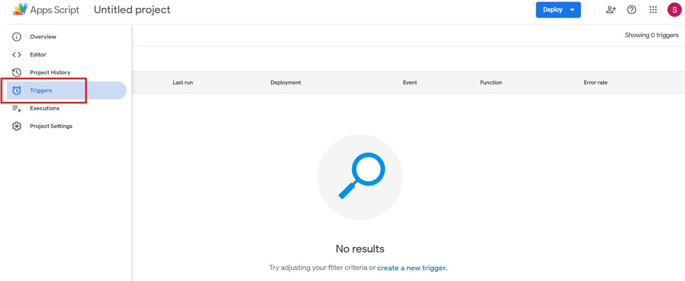 Open the Triggers menu: Google Calendar automations