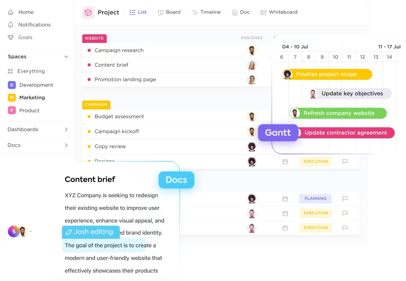 ClickUp のマーケティングチームソリューションで、マーケティングキャンペーンを整理、調整、監視しましょう。