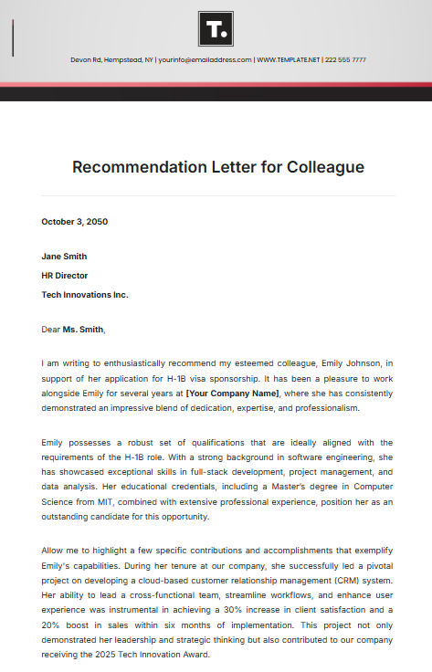 Recommendation Letter for Colleague Template by Template.net