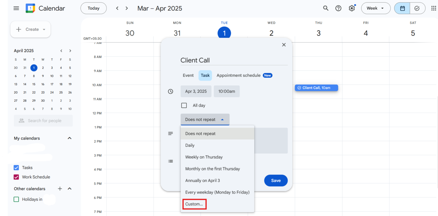 Thêm ca làm việc định kỳ trong Lịch Google