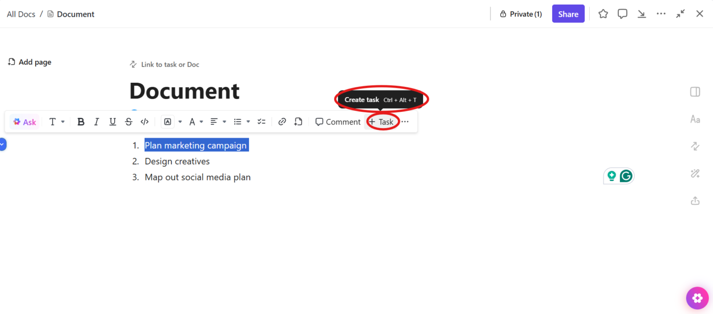 Selecione o texto e clique em + Tarefa no ClickUp Docs: como inserir o Excel no Word