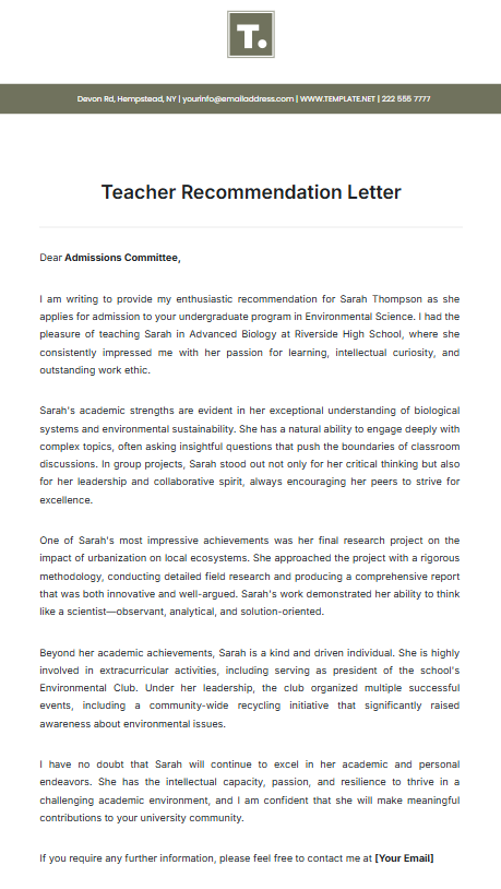 Teacher Recommendation Letter Template by Template.Net