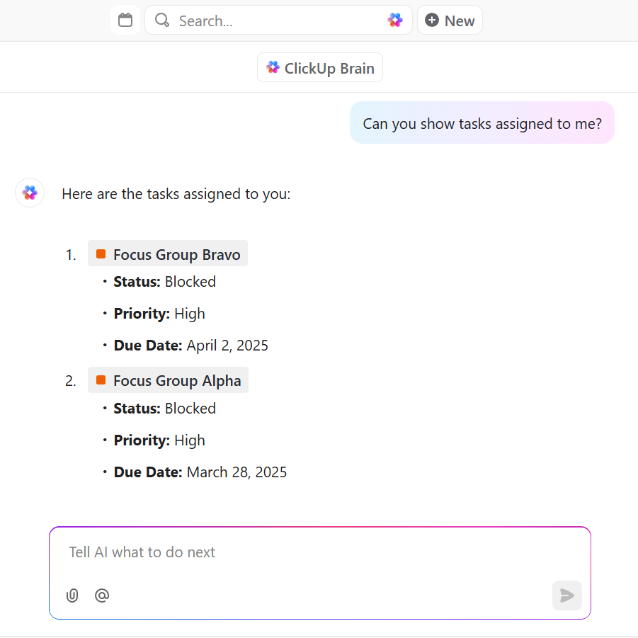 Turn to ClickUp Brain’s AI Project Manager for instant project summaries