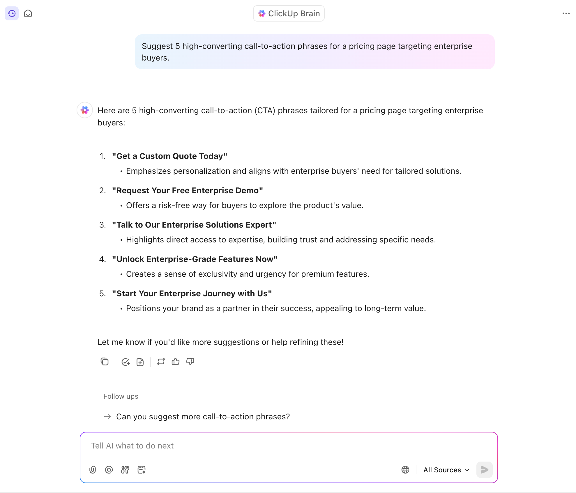 Use ClickUp Brain as your brainstorming partner in the content creation process 