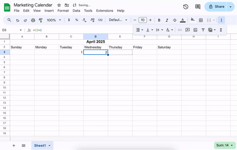 Use built-in formulas to avoid manual entries: Google sheets calendar