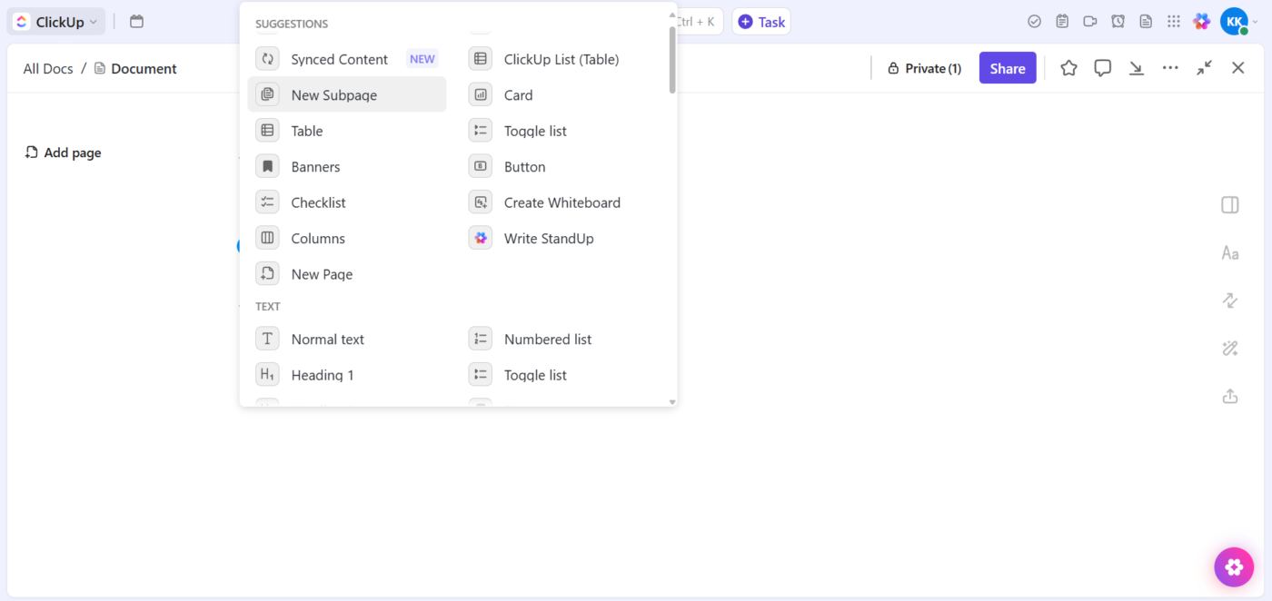 Use os comandos de barra “/” para adicionar títulos, tabelas e formatar texto no ClickUp Docs